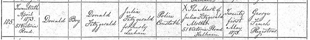 Birth record for Donald Fitzgerald on 20 Apr 1873 at 5 Victoria Road.