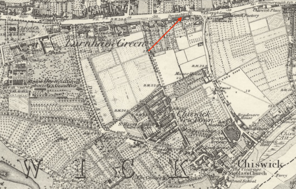 Historical map of Turnham Green, showing Devonshire Place and surrounding areas including the Royal Horticultural Society gardens.