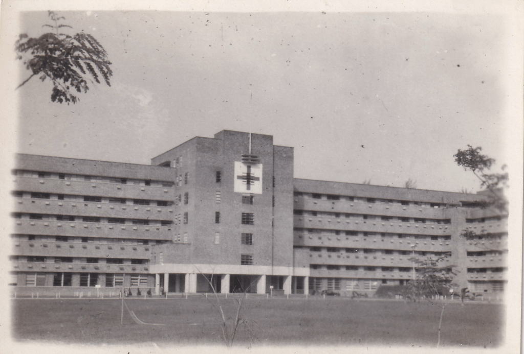 Black and white photograph of the Johor Baru General Hospital located in Johor Bahru, Malaysia. c. 1945