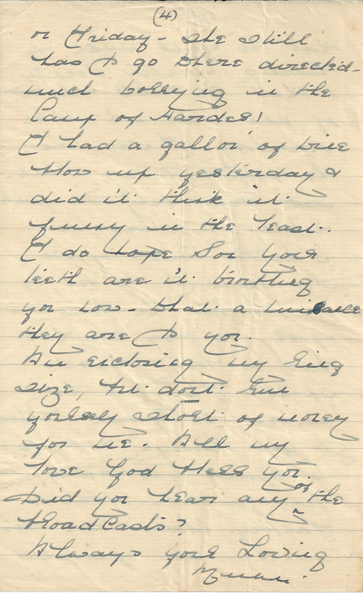 p4 of a handwritten letter from Evelyn Poulton to her son Peter, dated 9 May 1945. Written in ink on lined paper, it reflects on VE Day celebrations and her husband’s unexpected drunkenness.