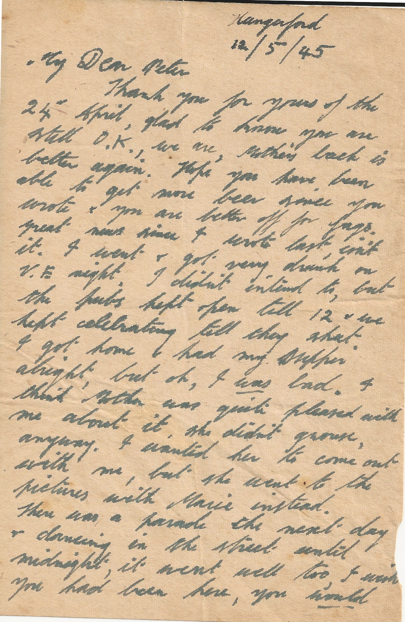 p1 of a handwritten letter from Stanley Poulton to his son Peter, dated 12 May 1945. He admits to overindulging on VE Day and shares vivid details of celebrations in Hungerford