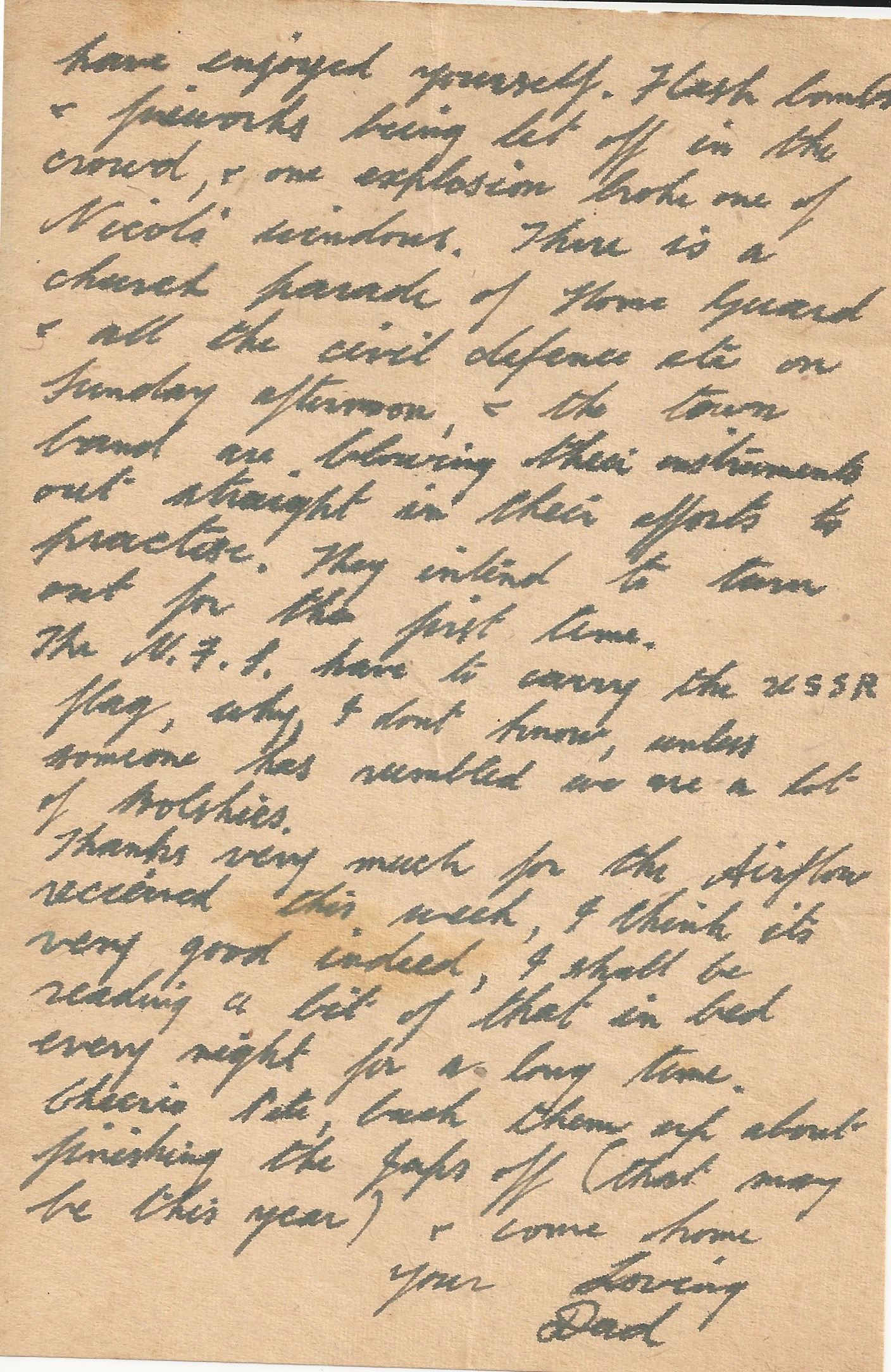 p2 of a handwritten letter from Stanley Poulton to his son Peter, dated 12 May 1945. He admits to overindulging on VE Day and shares vivid details of celebrations in Hungerford