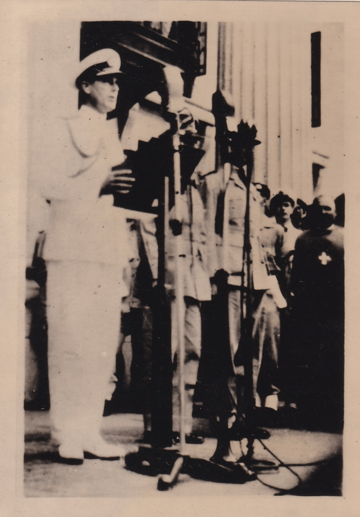 Black and white photograph of Lord Louis Mountbatten on the steps of the Municipal Building, Singapore, after the formal surrender by Japanese Forces in South East Asia on 12 Sep 1945