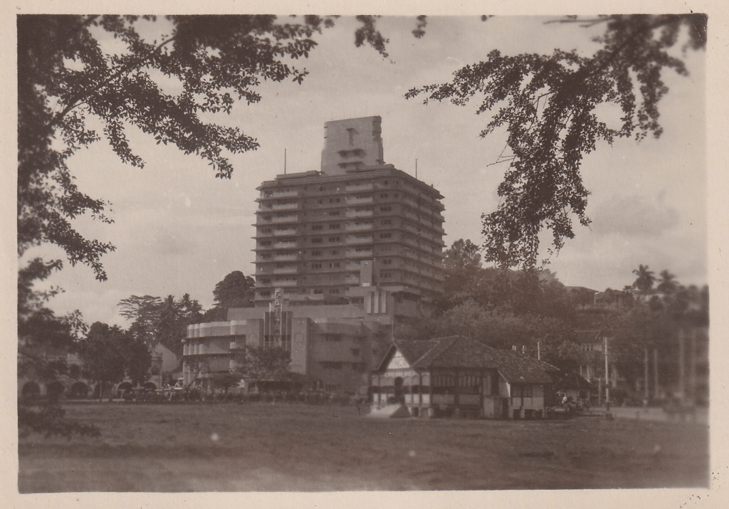 Black and white photograph showing the Cathay Building, Singapore c.1945