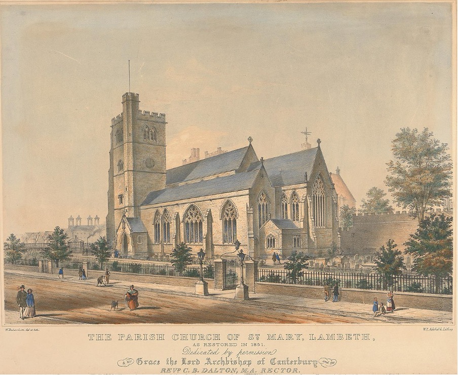 Historic colourised image of St Mary's parish church, Lambeth.