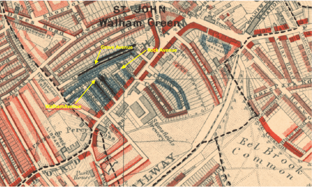 Detail from the Charles Booth Poverty Maps showing the parish of St John, Walham Green, with pointers to Rock Avenue, Grove Avenue, and Walham Avenue, all marked dark blue or black