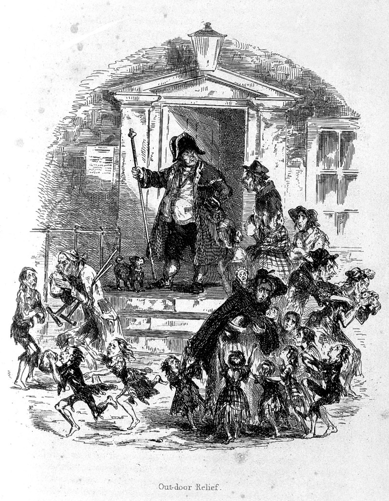 Historic caricature of poor people coming to a workhouse to get food; by Phiz (?) Engraving Circa 1840 Sketches in London