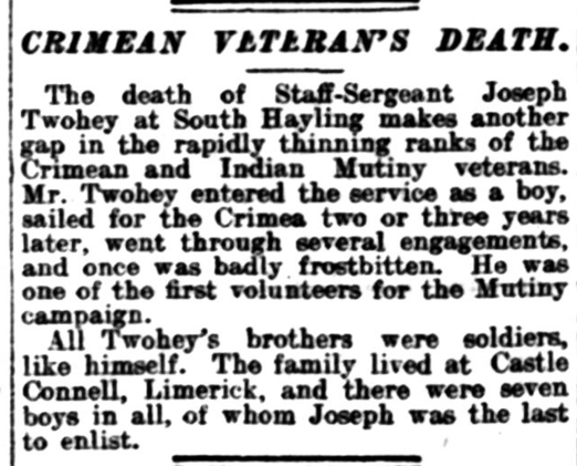 Newspaper article announcing the death of Staff-Sergeant Joseph Twohey, highlighting his service in the Crimean War and the Indian Mutiny, as well as the background of his family.