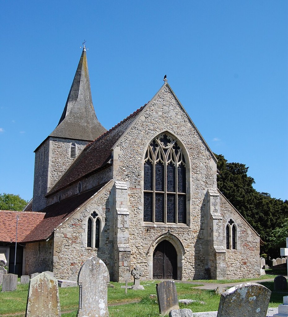 Exterior view of St Mary's parish church, a historic thirteenth-century building, with a tall spire and stained glass windows, surrounded by a churchyard.