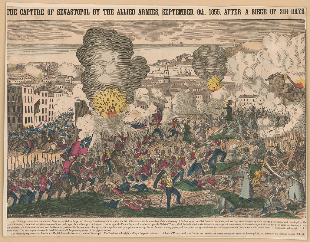 A historical illustration depicting the capture of Sevastopol by Allied armies on September 8, 1855, after a lengthy siege, showcasing intense battle scenes, smoke, explosions, and soldiers engaged in combat.