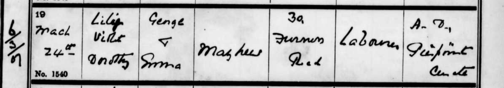 Baptism record for Lily Violet Dorothy Mayhew, born March 24, 1907, detailing her parents' names and residence.