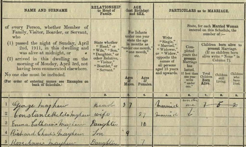 1911 census record showing George Mayhew, his wife Constance, and children Emma, Richard, and Rose. It details their ages, relationships, and the number of children born and living.