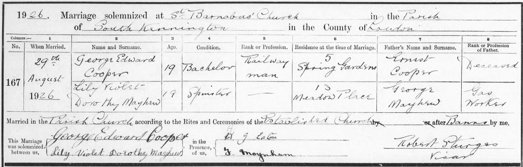 Marriage certificate of George Edward Cooper and Lily Violet Dorothy Mayhew, dated August 29, 1926, displaying their names, ages, and details of marriage at St. Barnabas Church.