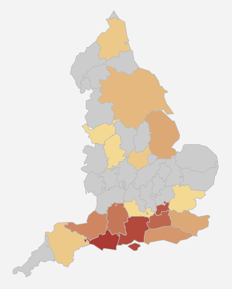 Map of England highlighting areas with recorded instances of the surname Dibben in varying shades, indicating the concentration of the name.