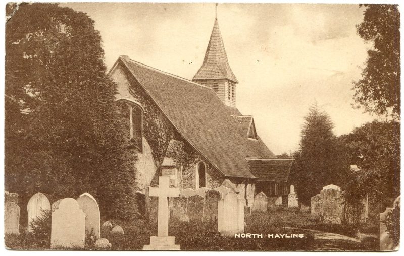 Vintage postcard of St Peter's Church, North Hayling, with the cemetery in the foreground.