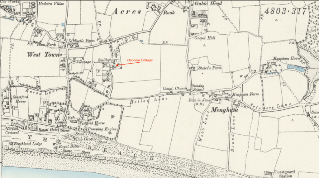 A historical map of West Town, Hayling Island, highlighting Osborne Cottage's location in the late 19th century.