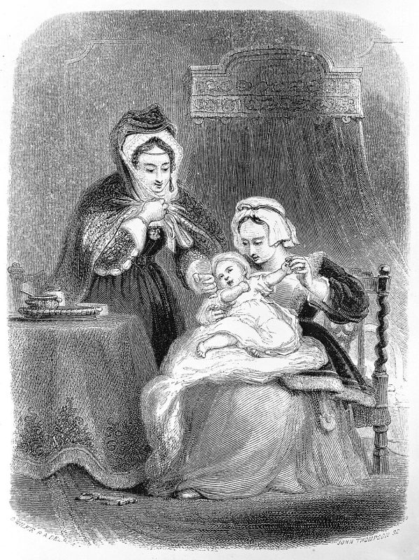 An illustration depicting a woman seated with a baby, attended by another woman, possibly a midwife or nurse, in a domestic setting.