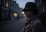 A young woman wearing a coat, scarf, and hat is shown in profile with a low light background of terraced streets at dusk