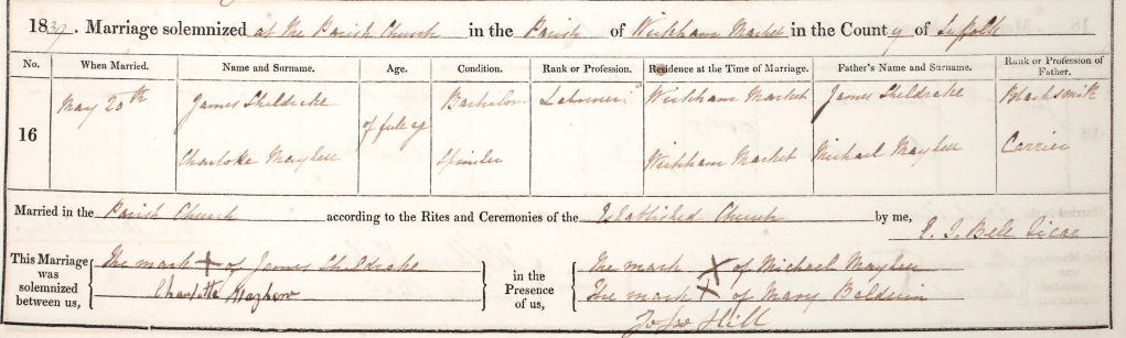 An 1839 marriage certificate listing details of the marriage between James Sheldrake and Charlotte Mayhew, including names, ages, conditions, and residence at the time of marriage, along with signatures of witnesses.