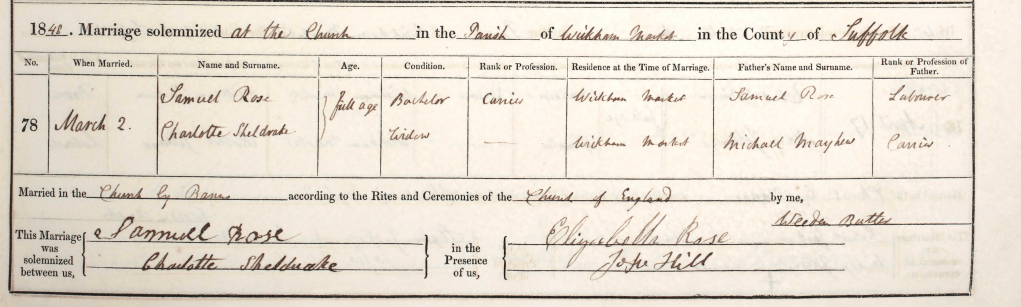Historical marriage record from 1848, listing Samuel Rose and Charlotte Sheldrake's marriage details, including names, ages, marital status, occupations, and parental information.