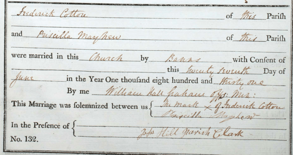 Marriage certificate of Frederick Cotton and Priscilla Mayhew, detailing their marriage in a church on June 27, 1831, officiated by William Graham.