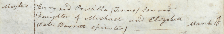 Handwritten document mentioning Henry and Priscilla, detailing relationships to Michael and Elizabeth, dated March 15.