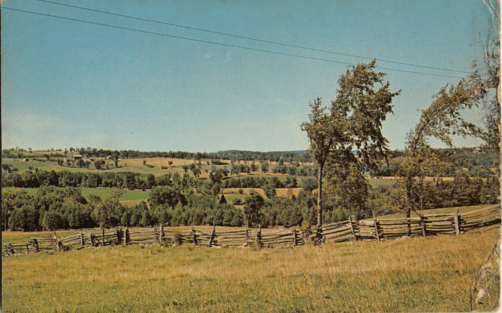 A scenic view of Waterford, Norfolk, Ontario, with rolling hills and farmland, featuring a wooden fence in the foreground and lush greenery under a clear blue sky.