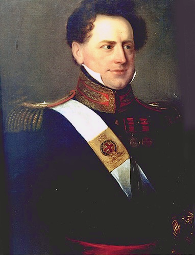 Portrait of Major Henry Baynes RA in military uniform with Waterloo and Talavera medals and a white shoulder-belt with a gilt plate with a red enamelled cross and a blue enamelled backing to the Garter.