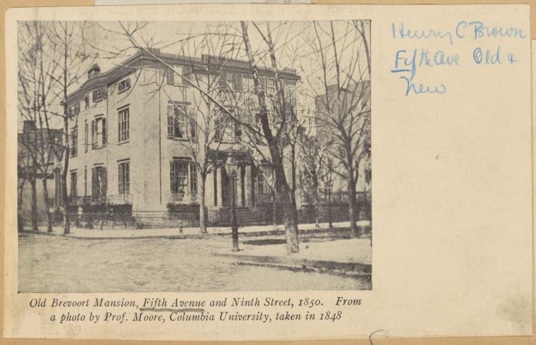 Old Brevoort Mansion at Fifth Avenue and Ninth Street surrounded by leafless trees, 1850