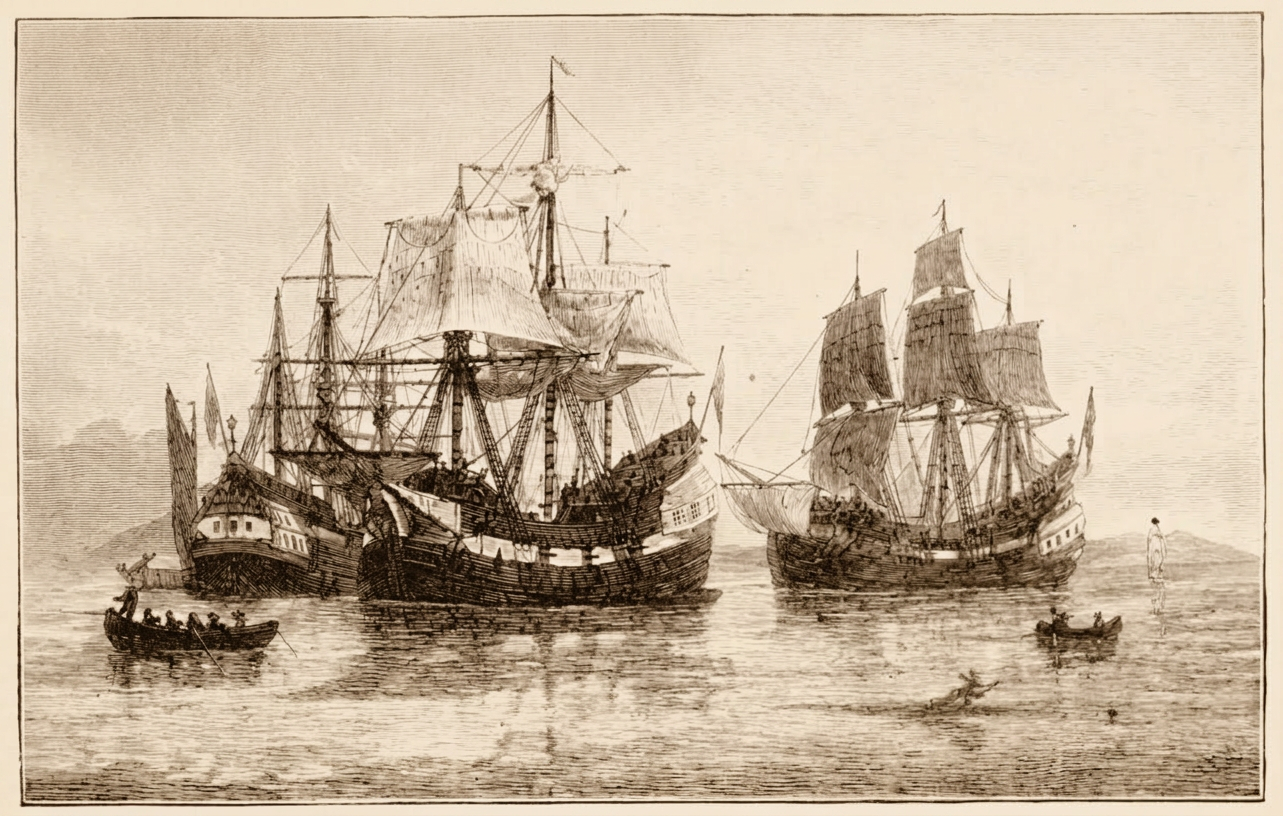Winthrop_Fleet Three large sailing ships anchored on calm water with small rowing boats nearby