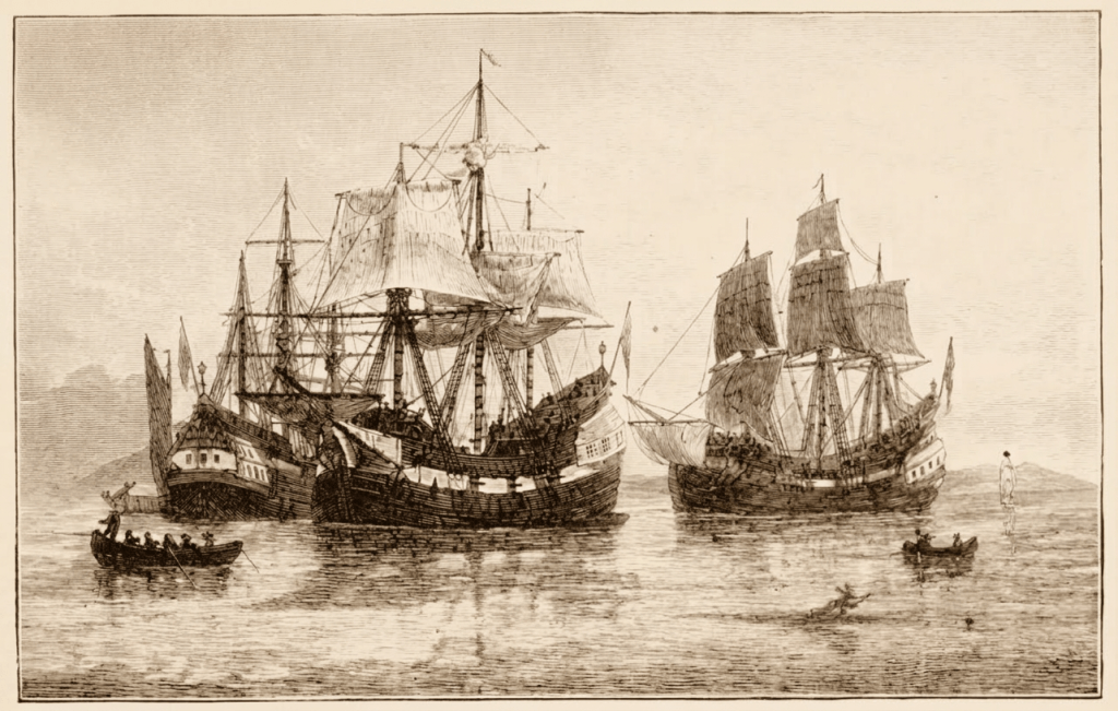 Winthrop_Fleet Three large sailing ships anchored on calm water with small rowing boats nearby