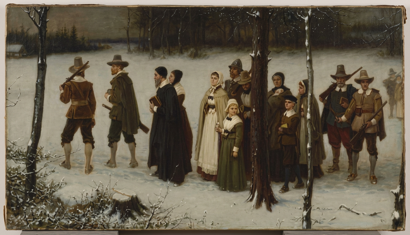 Early Puritans of New England going to worship A group of Pilgrims in 17th-century attire standing quietly in a snowy forest