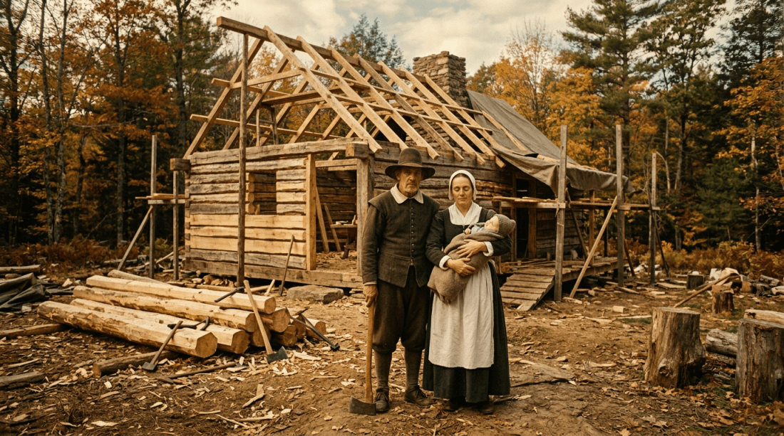 Pioneer couple with baby standing in front of unfinished log cabin under construction