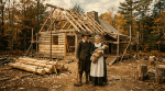 Pioneer couple with baby standing in front of unfinished log cabin under construction
