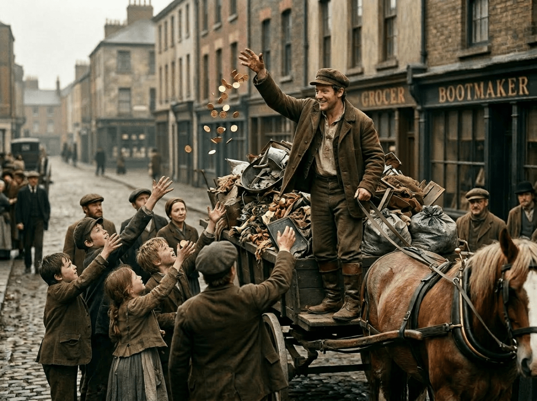 Man on horse-drawn cart throwing coins to crowd on cobblestone street