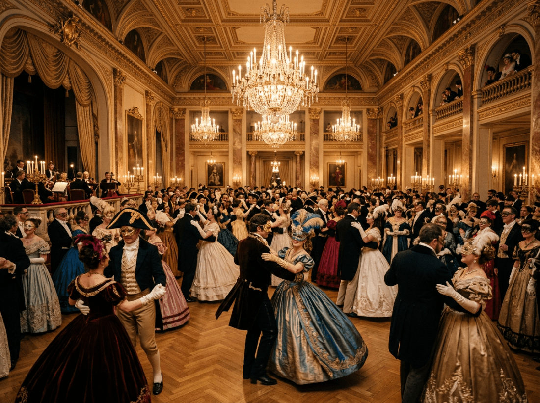 Large group of people dressed in historical costumes and masks dancing in ornate ballroom with chandeliers