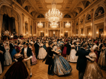 Large group of people dressed in historical costumes and masks dancing in ornate ballroom with chandeliers
