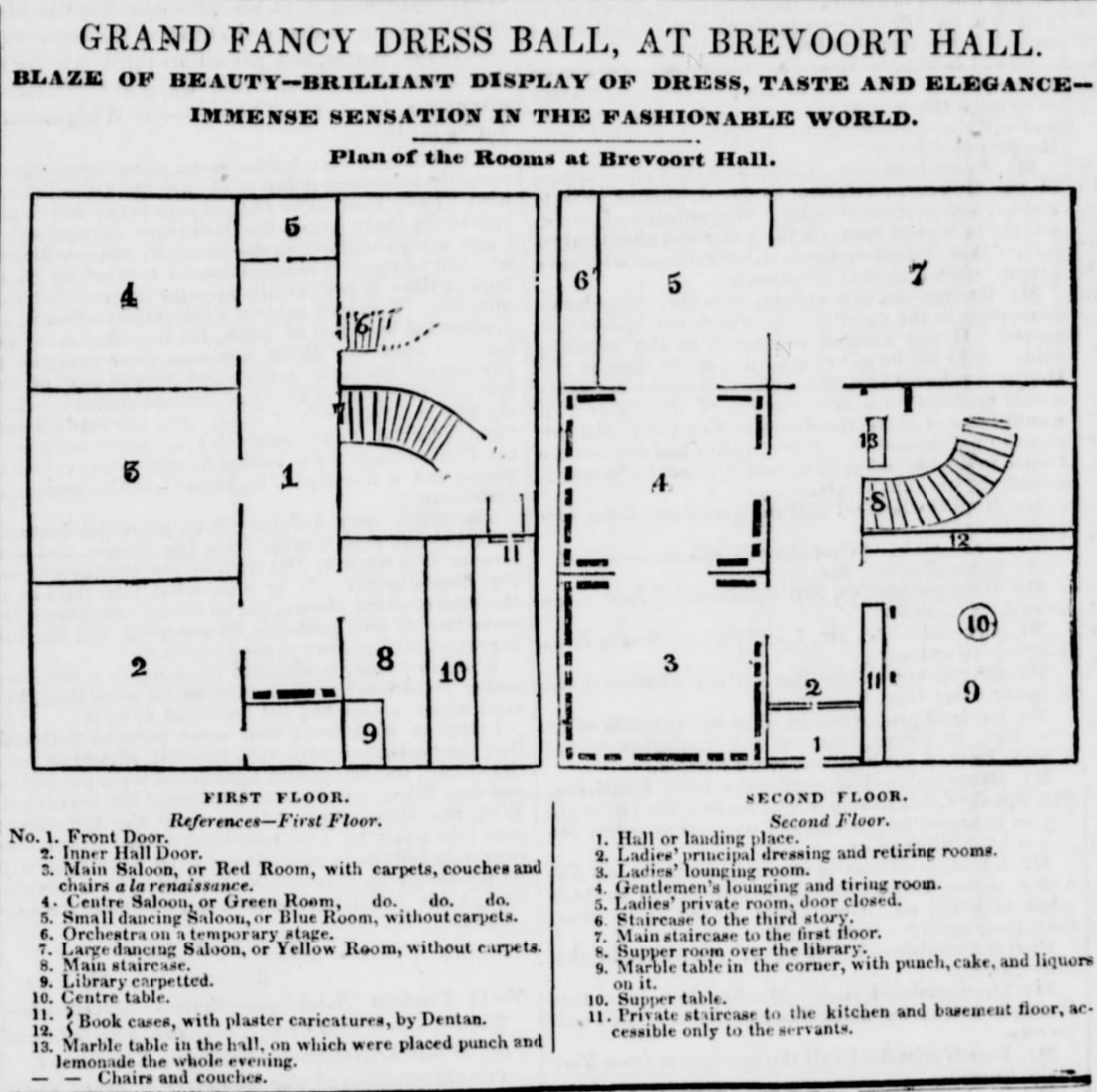 Plan and room list for the Grand Fancy Dress Ball at Brevoort Hall with ground and first floor layouts