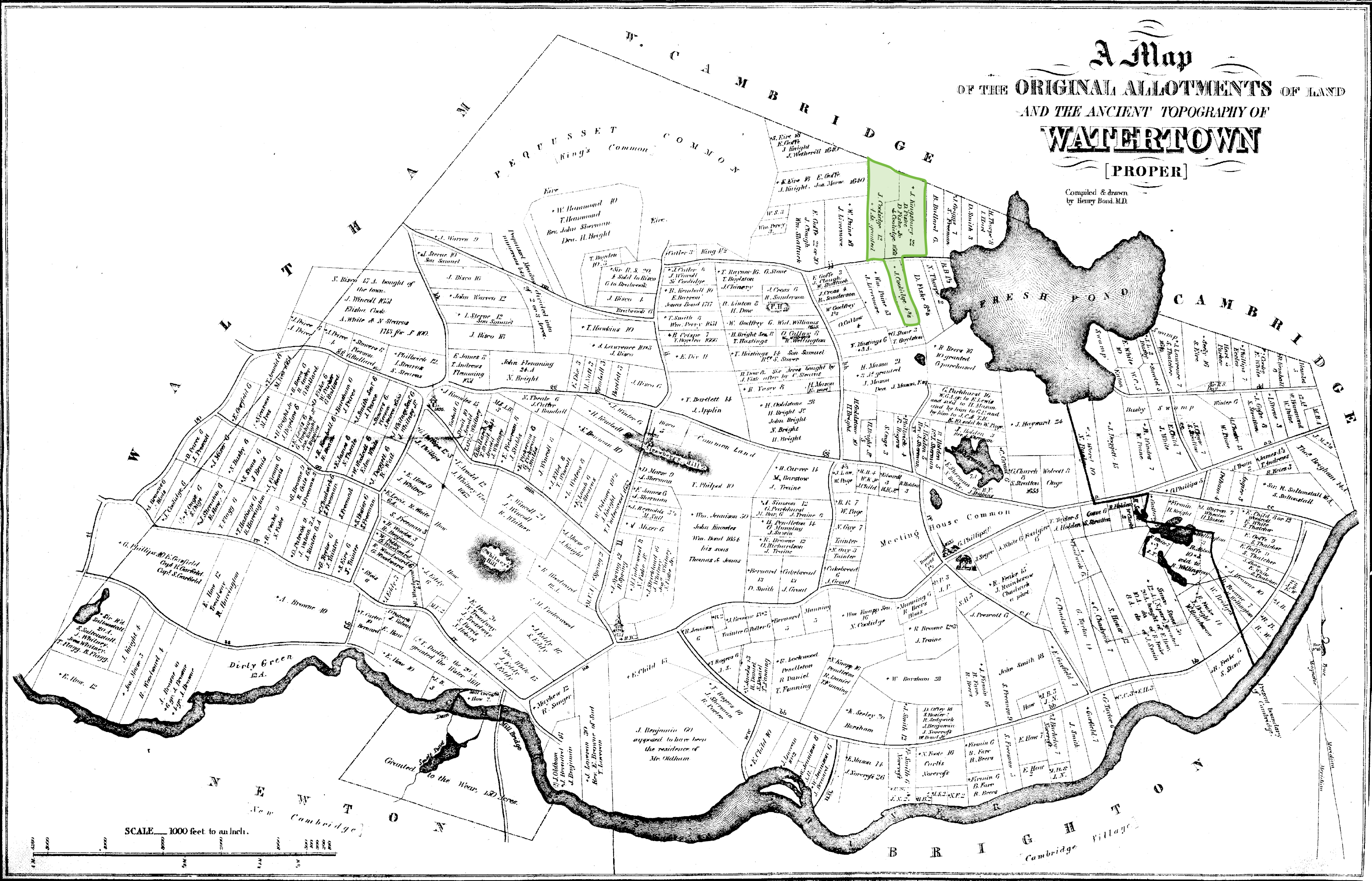 John Coolidge's allotments Map showing the original allotments of land and ancient topography of Watertown, highlighting parcels, ownership names, and features like Fresh Pond