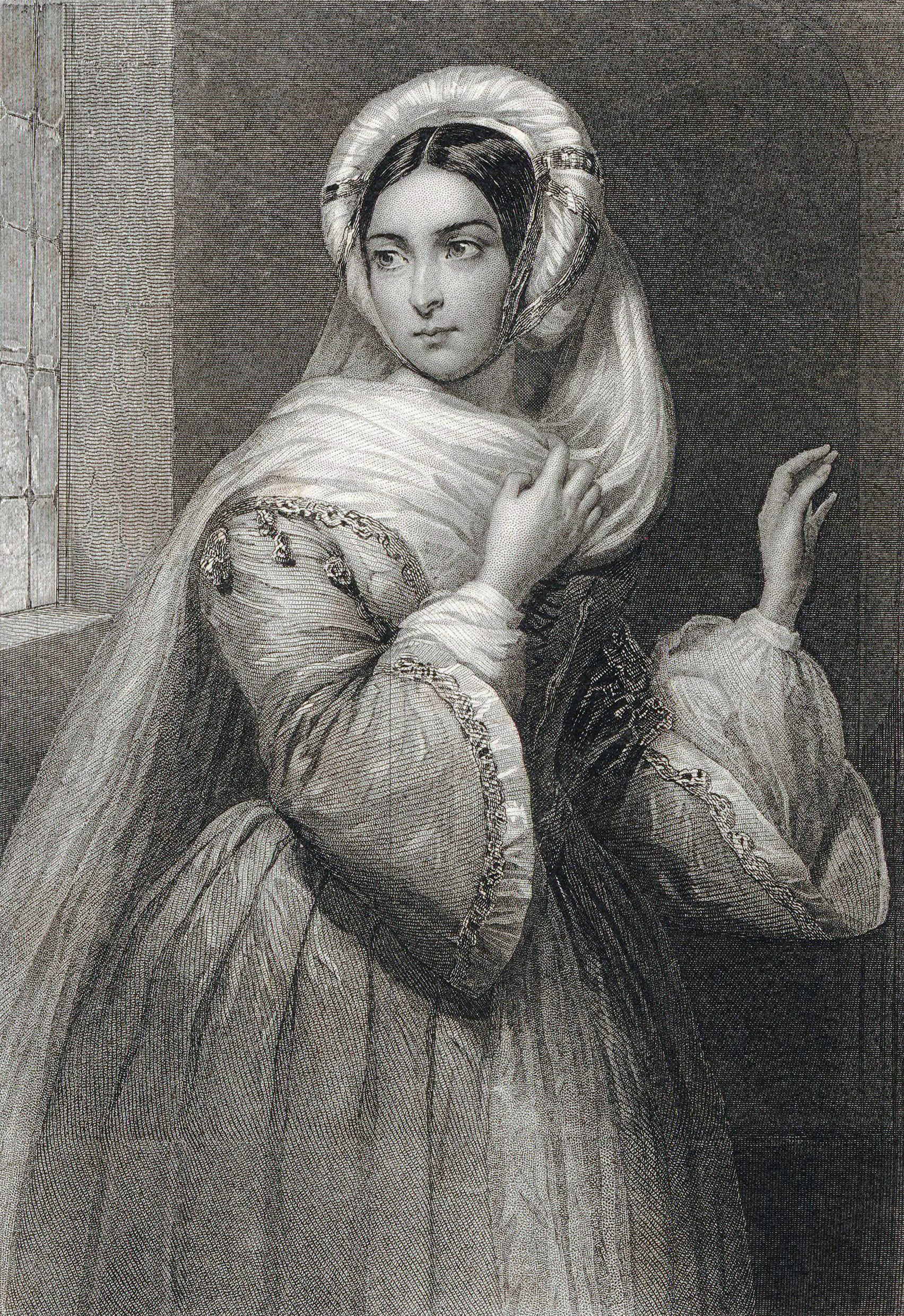 Engraving of a woman in historical clothing with a veil and intricate sleeves, looking to the side near a window