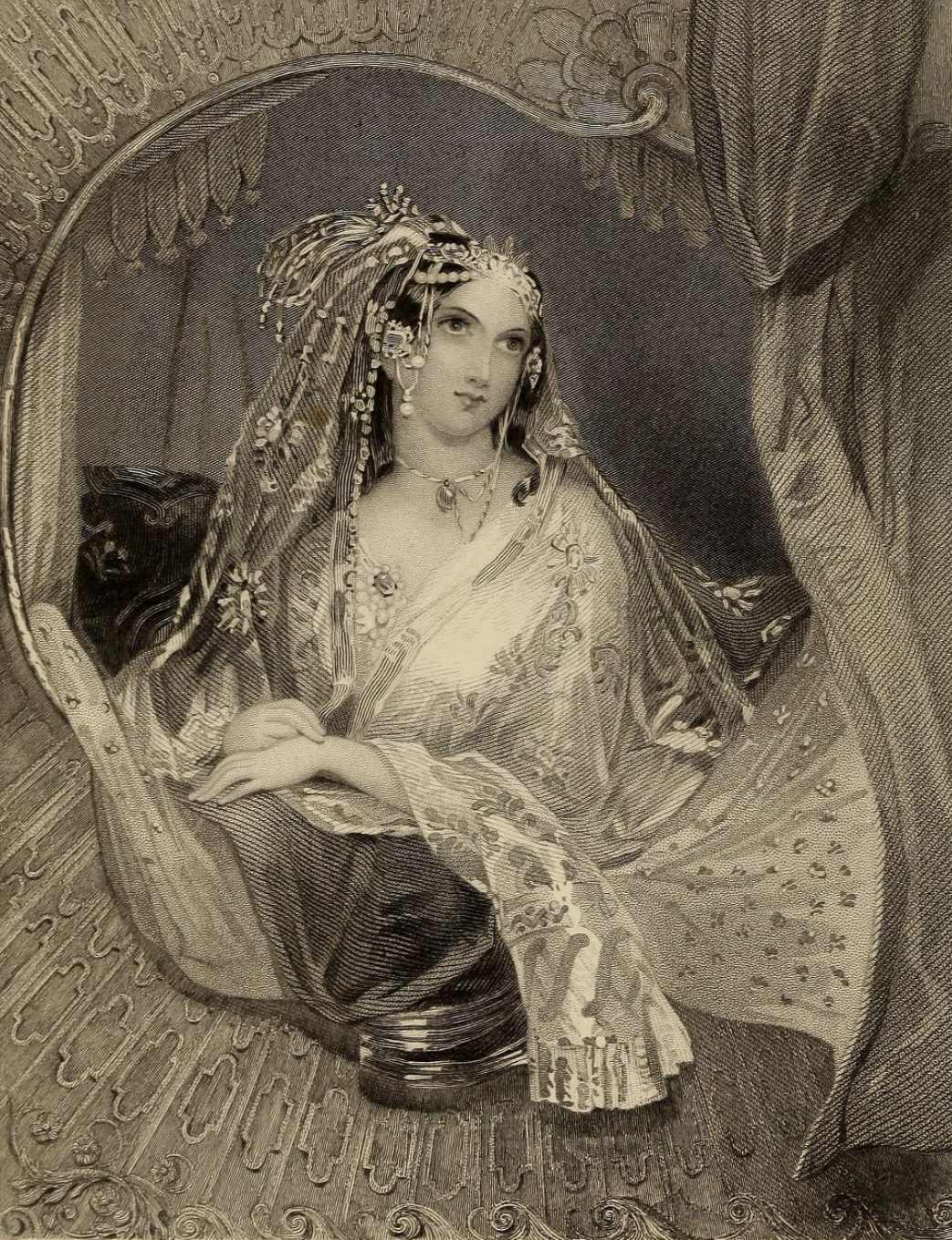 Engraving of a woman wearing an ornate veil and jewelry, seated inside a circular frame with draped curtains
