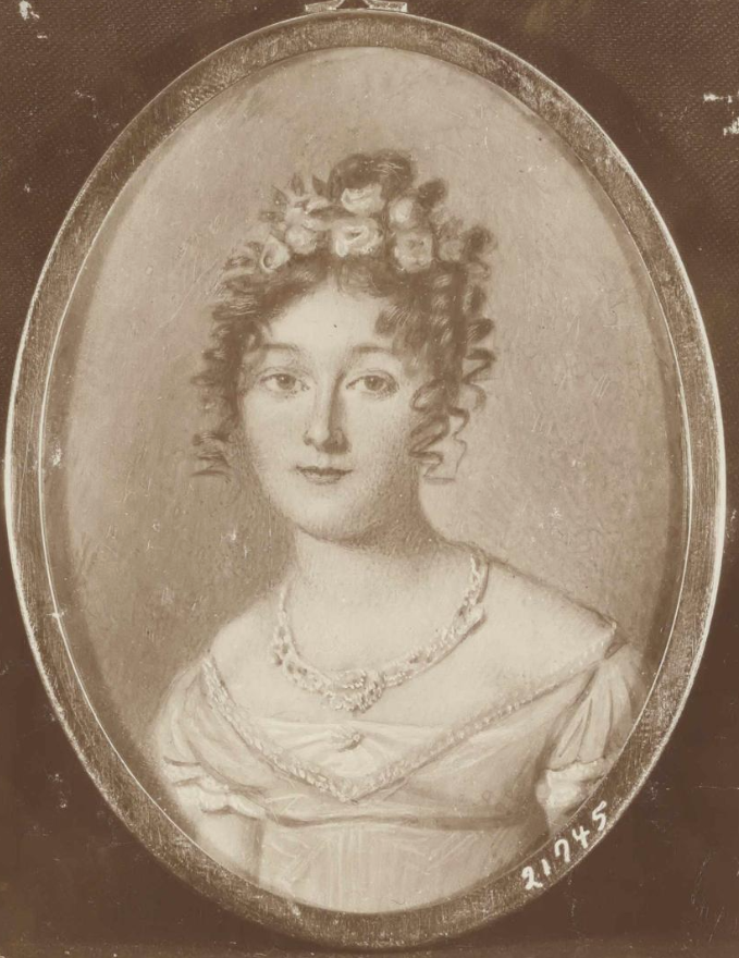 Portrait of a Laura Carson Brevoort as a young woman with curly hair adorned with flowers, wearing a dress and necklace, in an oval frame