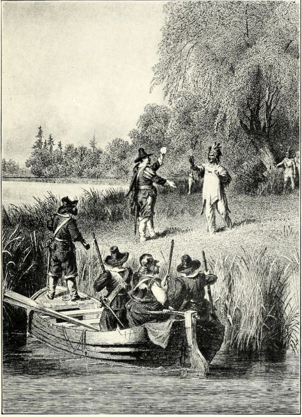 Meeting on the Charles River A Native American man exchanges a fish with a large biscuit or loaf of bread from a colonial man whilst a group of colonial men watch from a small boat by the shore