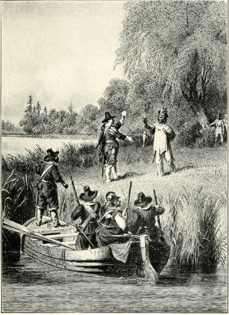 Meeting on the Charles River A Native American man exchanges a fish with a large biscuit or loaf of bread from a colonial man whilst a group of colonial men watch from a small boat by the shore