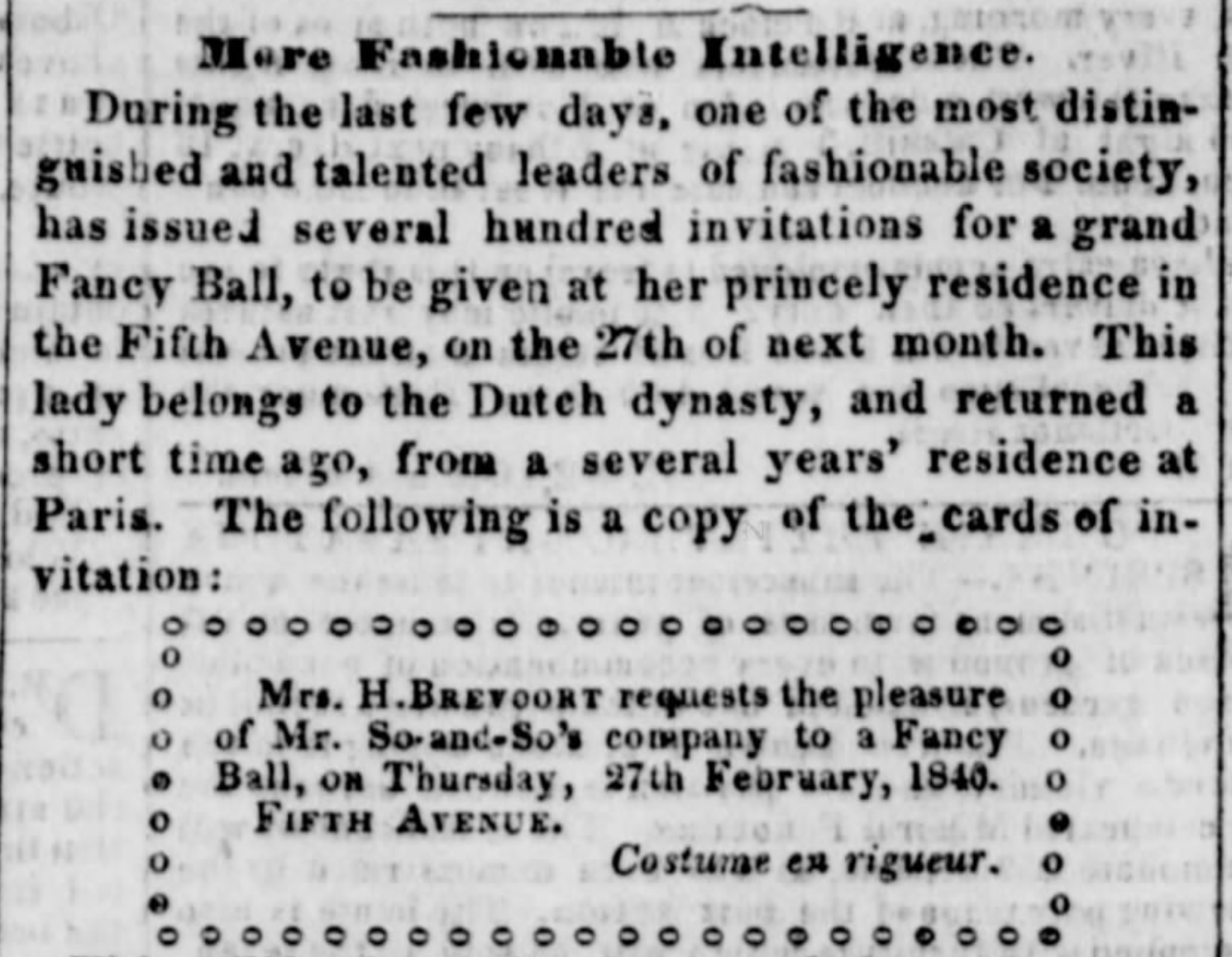 Invitation to a Fancy Ball on 27th February 1840 at Fifth Avenue from Mrs. H. Brevoort