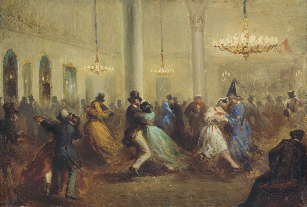 Couples dancing in a grand ballroom with chandeliers and tall columns