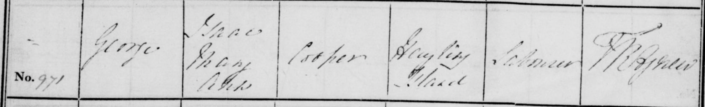 Handwritten baptism record for George son of Isaac and Mary Ann Cooper of Hayling Island, father is a labourer