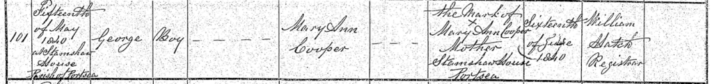 Handwritten record showing birth details for George, son of Mary Ann Cooper, dated May 15, 1840, at Stamshaw House, Parish of Portsea