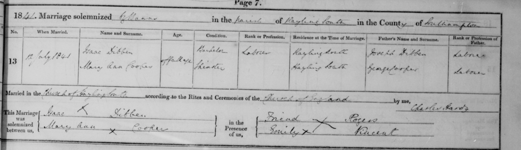 1841 marriage record for Isaac Dibben and Mary Ann Cooper in Hayling South, Southampton county, listing ages, conditions, professions, residences, and fathers' names