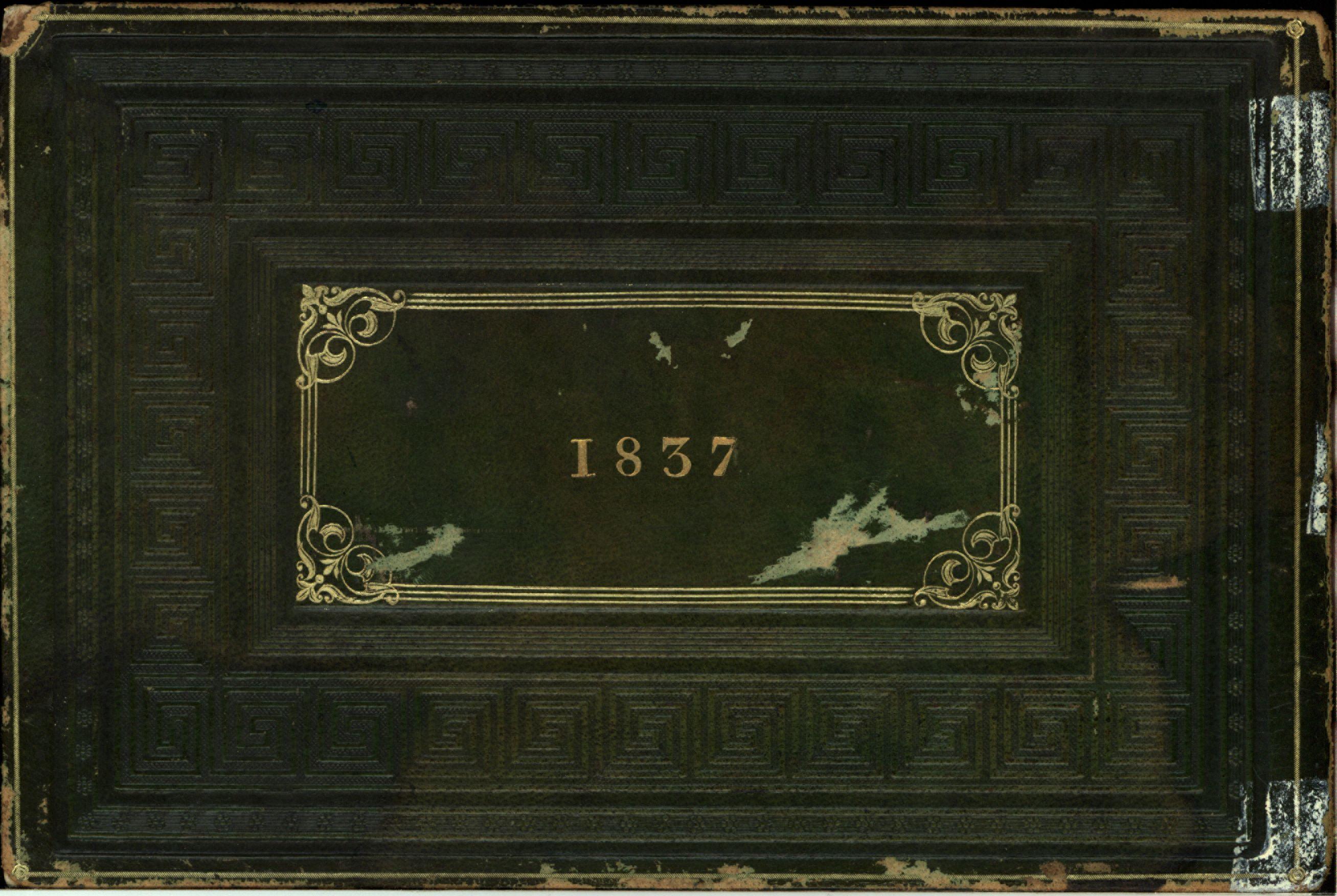 Dark brown back cover of the Brevoort Commonplace Book with decorative gold border and the year 1837 in gold
